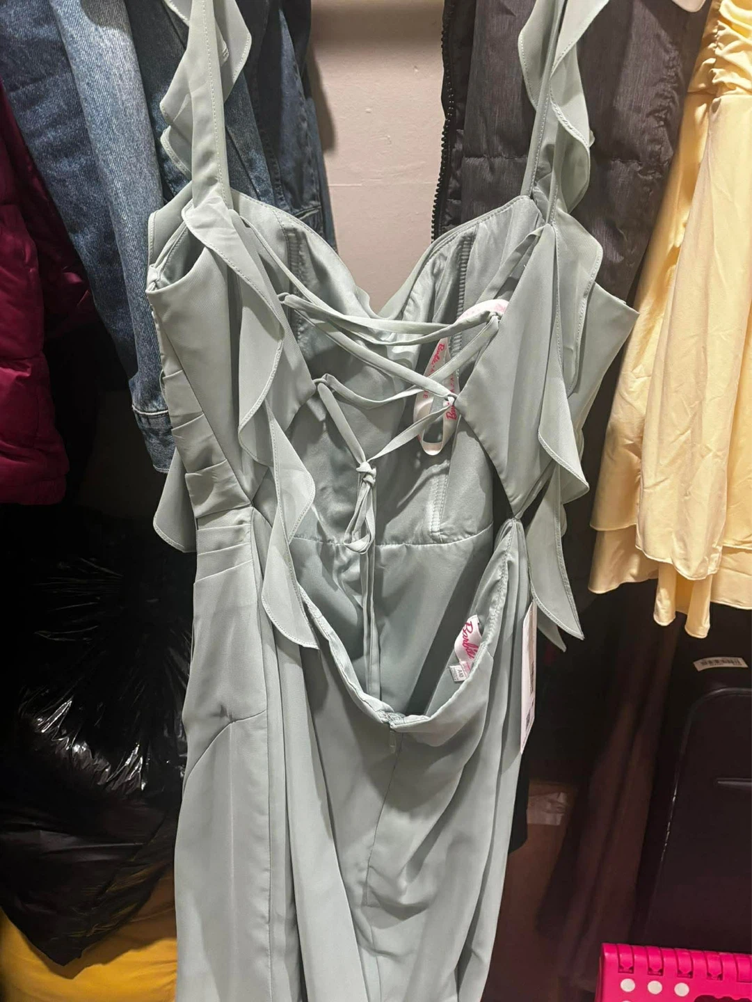 Sage Green Dress with Ruffle Straps - photo 3