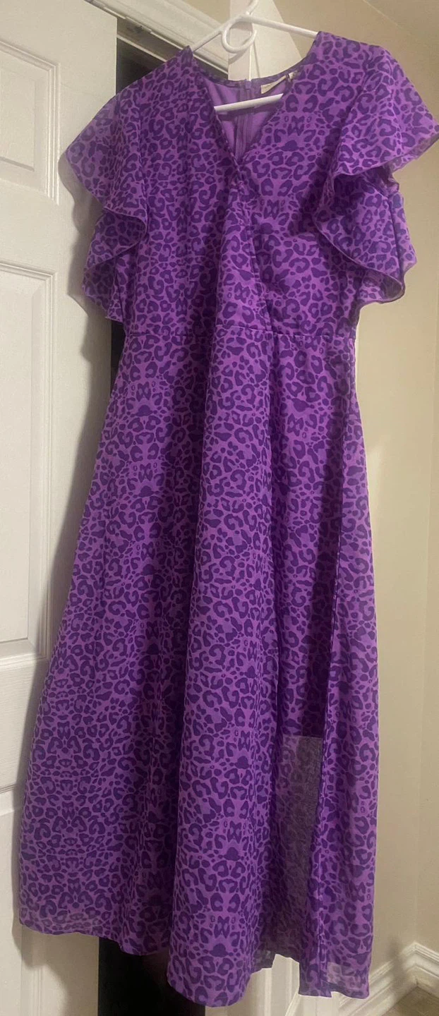 New (L)Size Purple Leopard Print Ruffle Dress