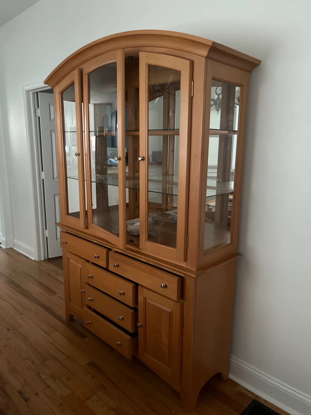 Wooden China Cabinet with Glass Doors and Drawers