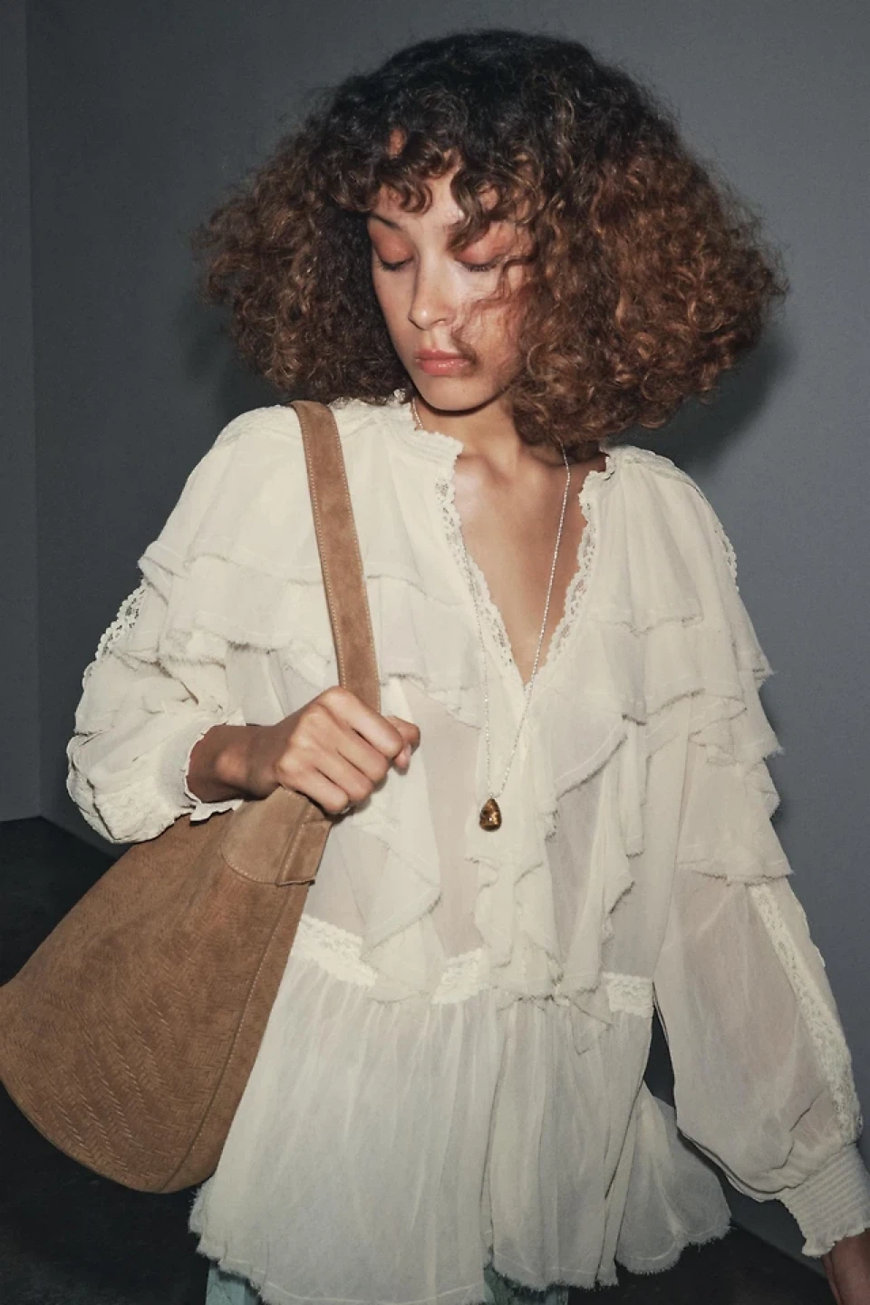 Zara blouse ruffle lace tie front small - photo 2