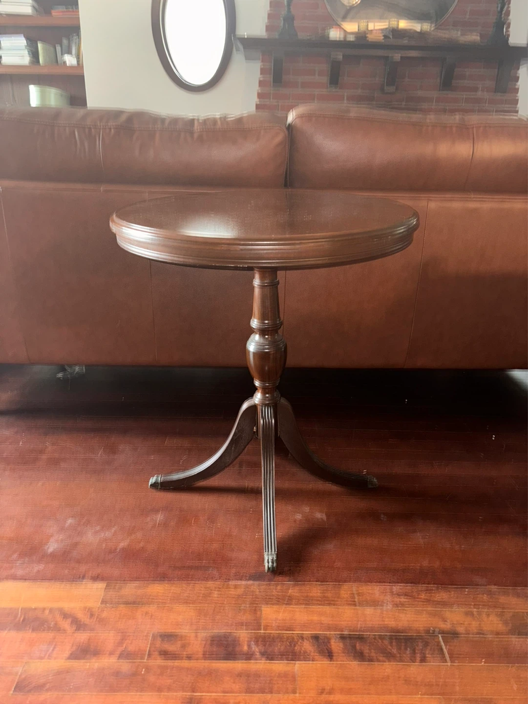 Mahogany Wood Pedestal Side Table w/ Brass Claw Feet