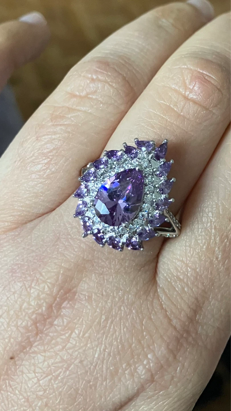 Sterling Silver Pear Shape Amethyst Cluster Ring Size 7