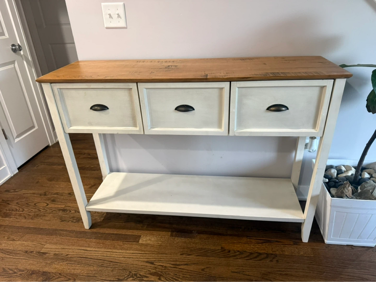 Cream Console Table with 3 Drawers and Wood Top
