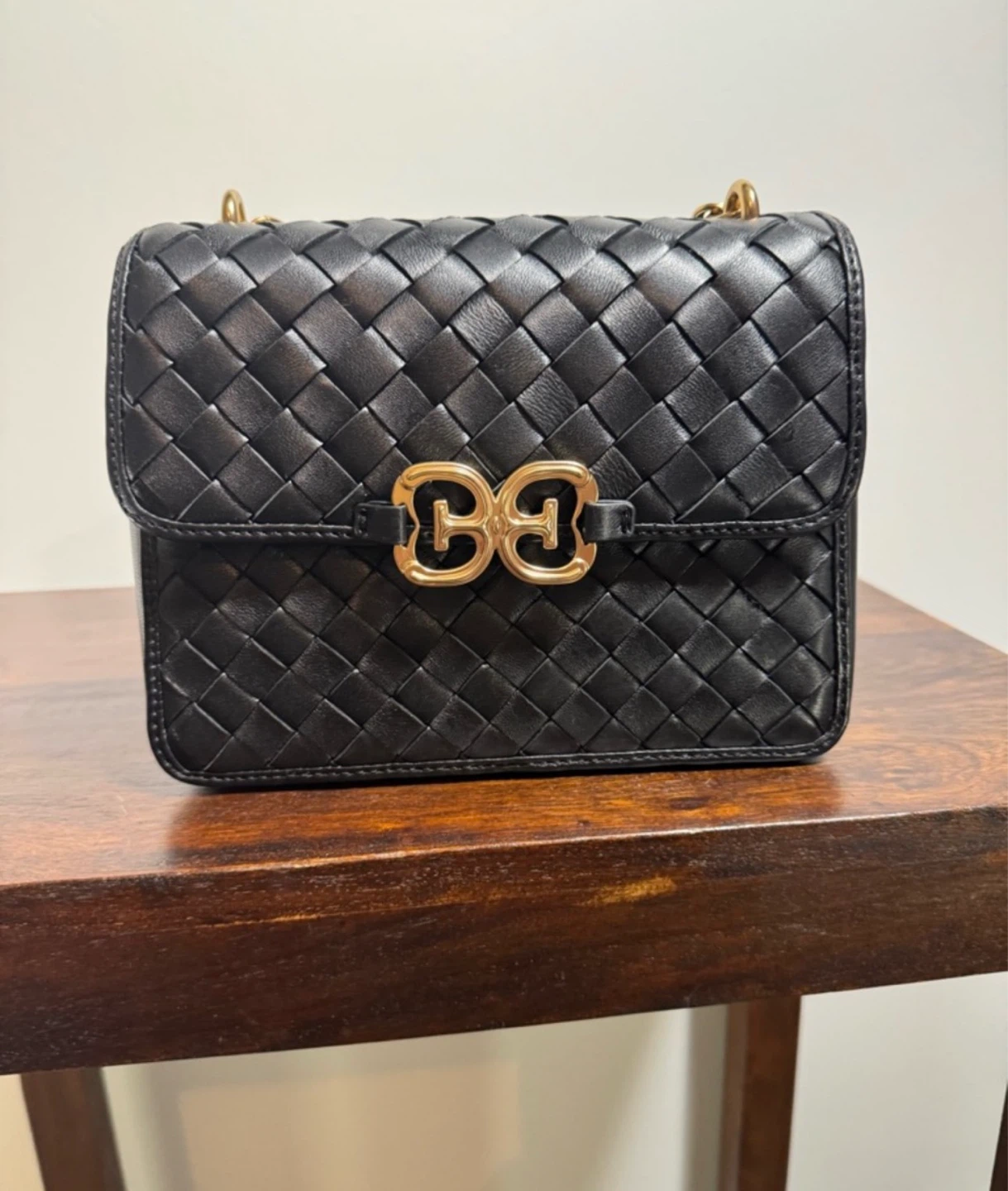 Sam Edelman Black Woven Leather Handbag with Chain Strap