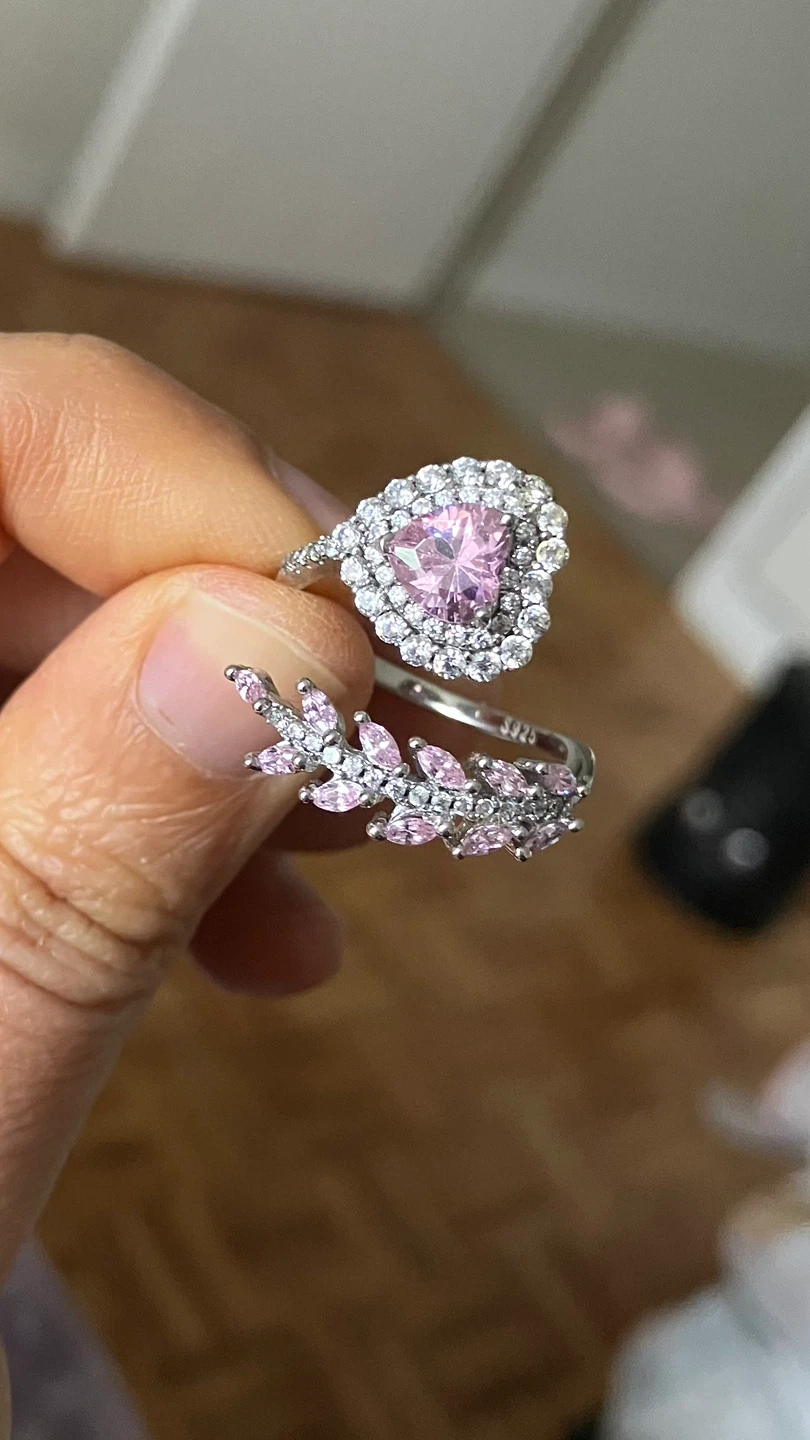 Adjustable Silver-Tone Heart Ring with Pink Stones - photo 3