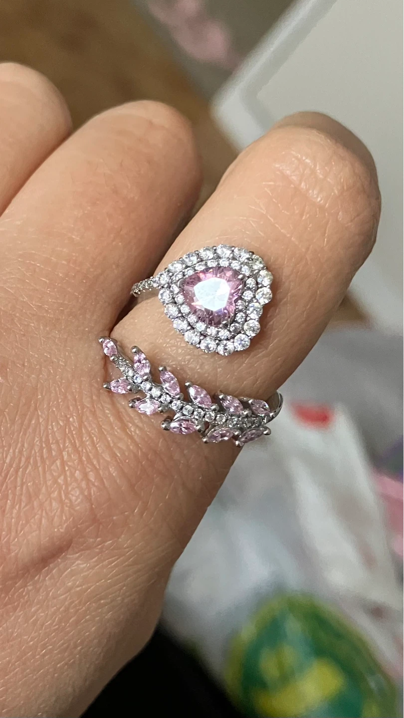 Adjustable Silver-Tone Heart Ring with Pink Stones