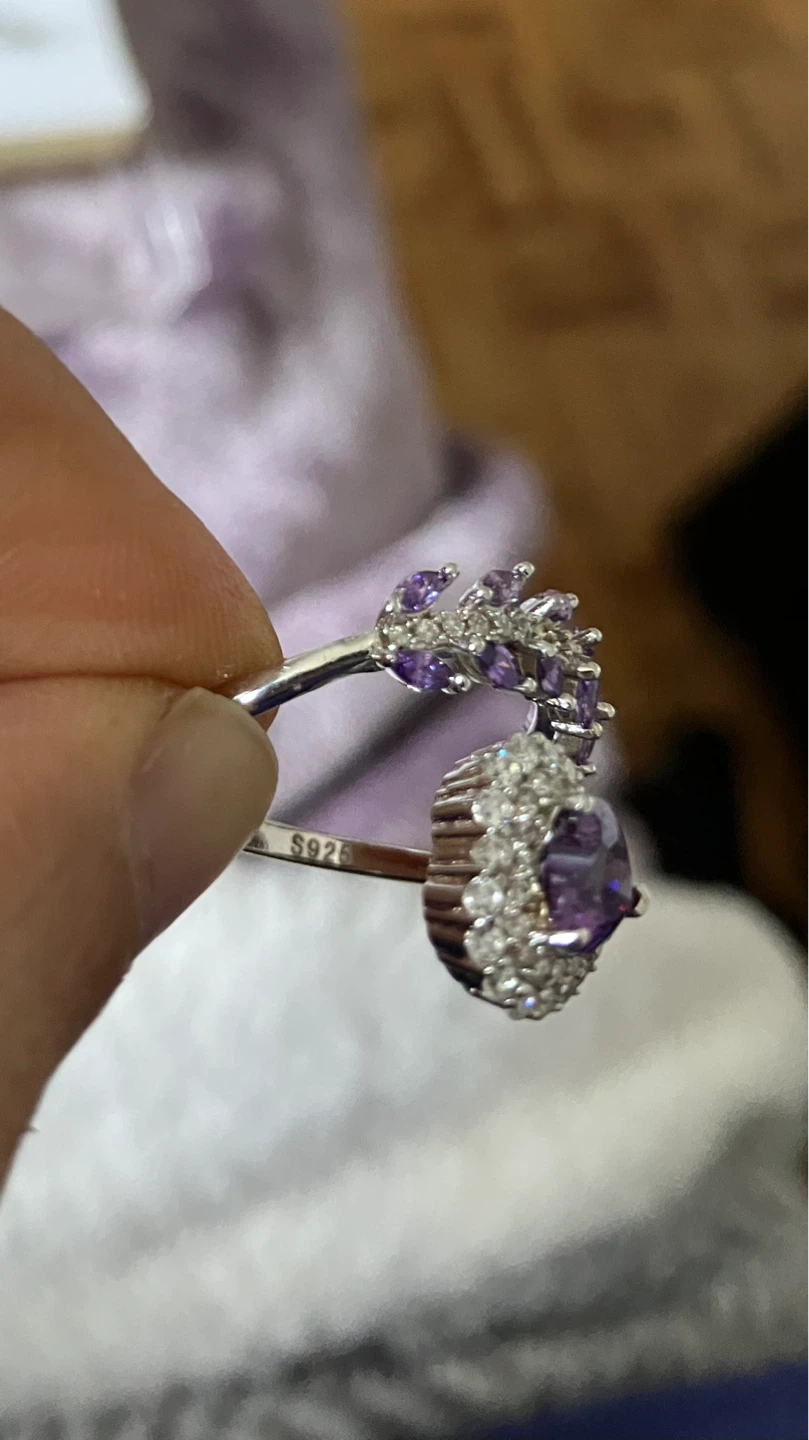 Adjustable S925 Amethyst & Diamond Leaf Ring - photo 2
