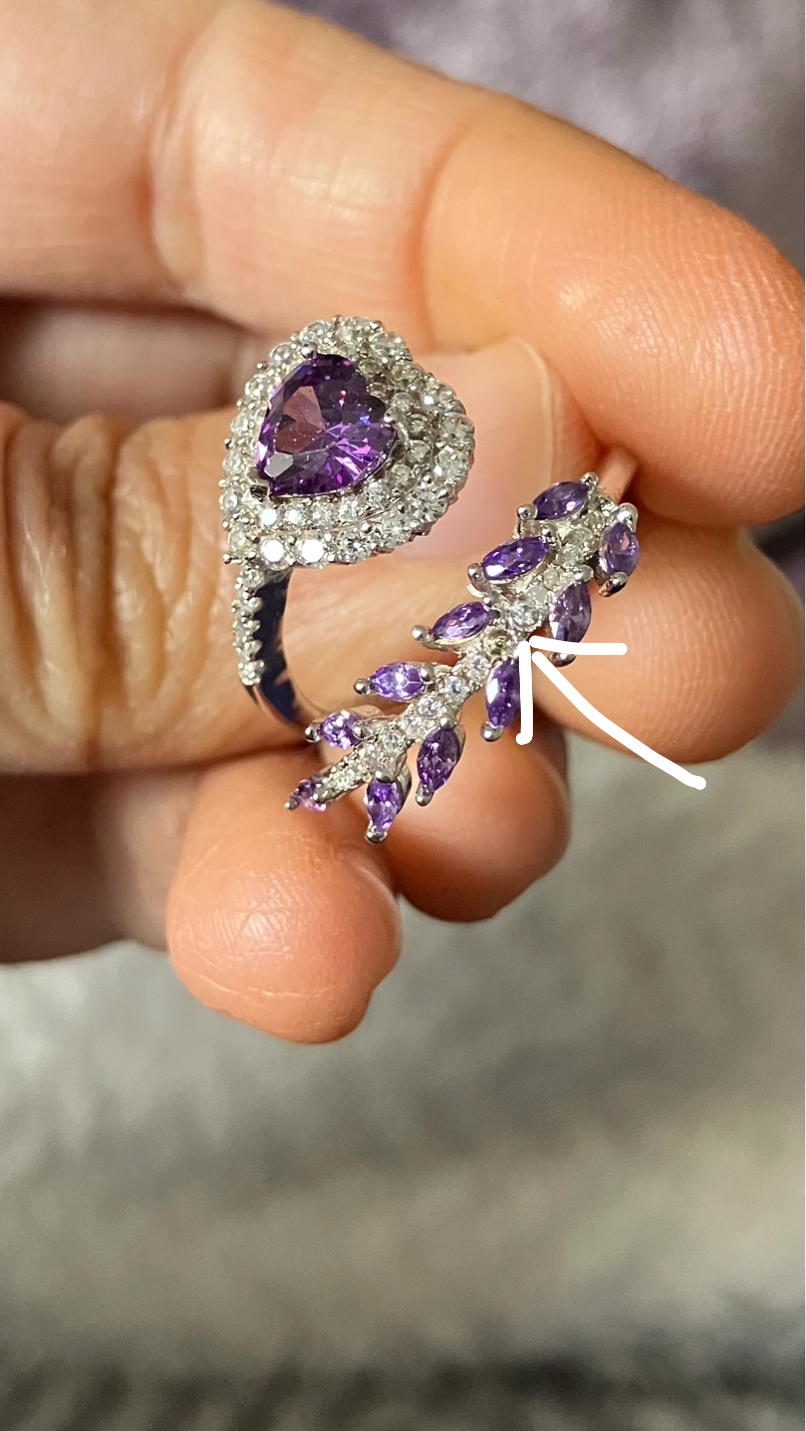 Adjustable S925 Amethyst & Diamond Leaf Ring - photo 3