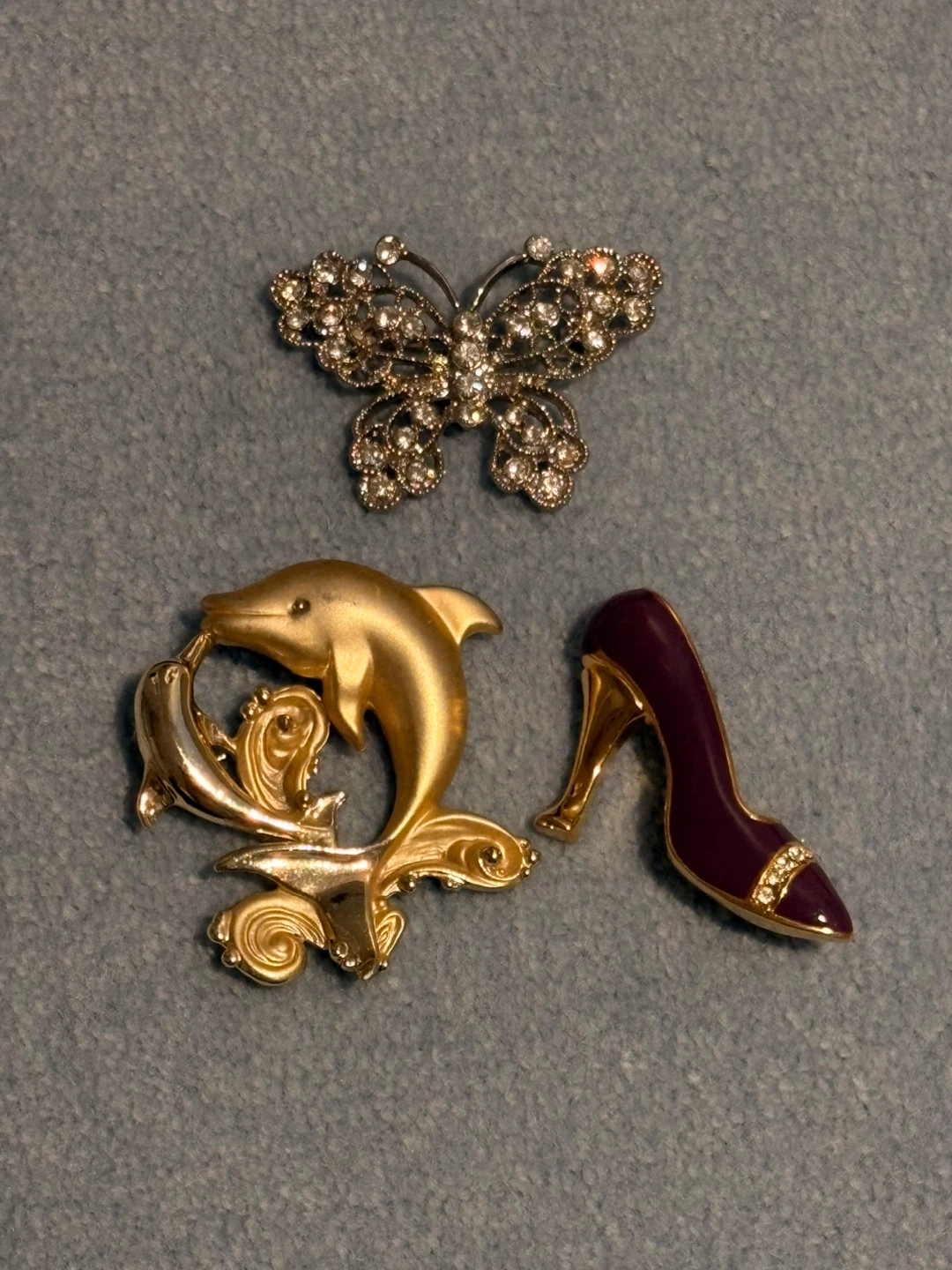 Assorted Brooches: Butterfly, Dolphins, Heel