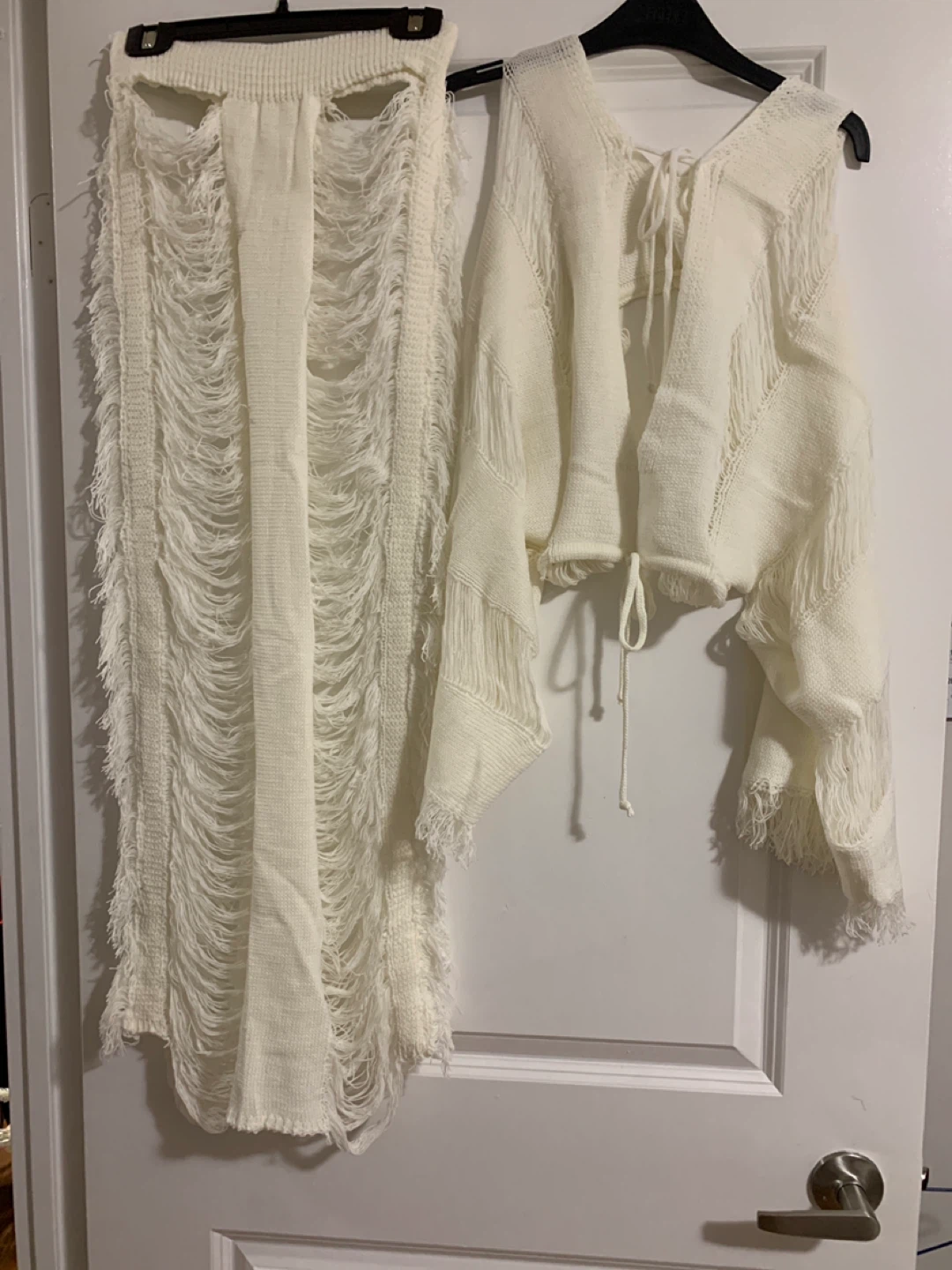 White Fringe Knit Sweater and Skirt Set