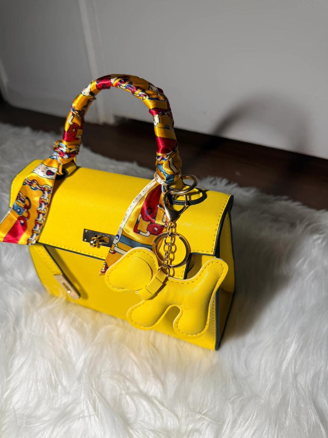 Yellow Handbag with Scarf and Dog Charm