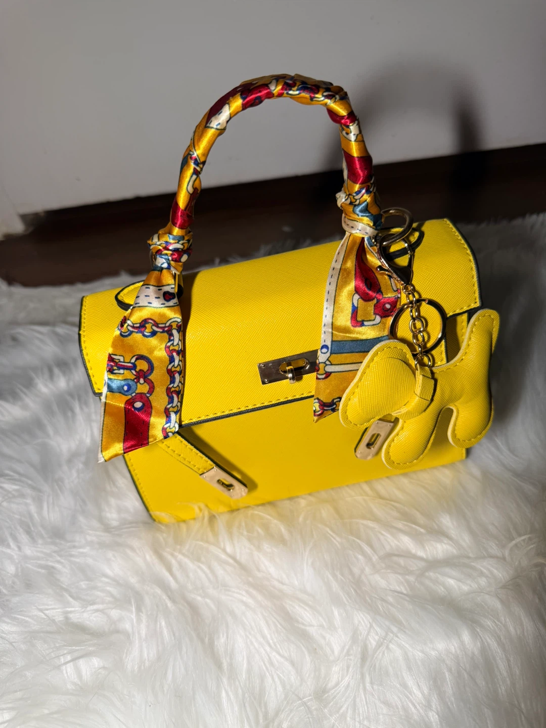 Yellow Handbag with Scarf and Dog Charm - photo 2