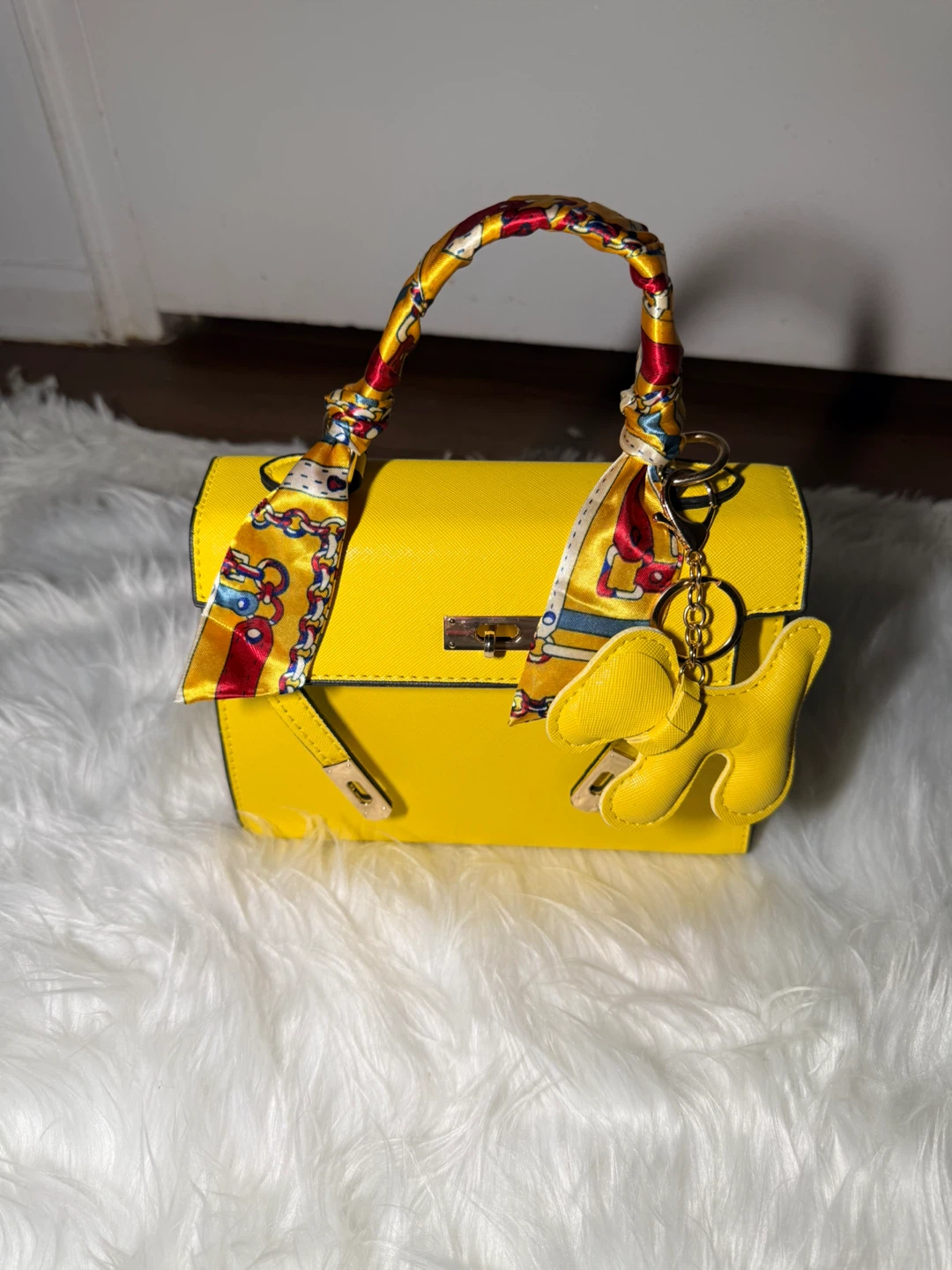 Yellow Handbag with Scarf and Dog Charm - photo 3