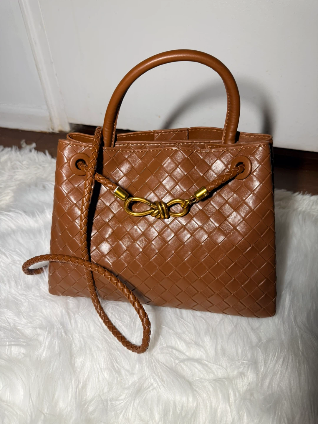 Brown Woven Leather Top Handle Bag