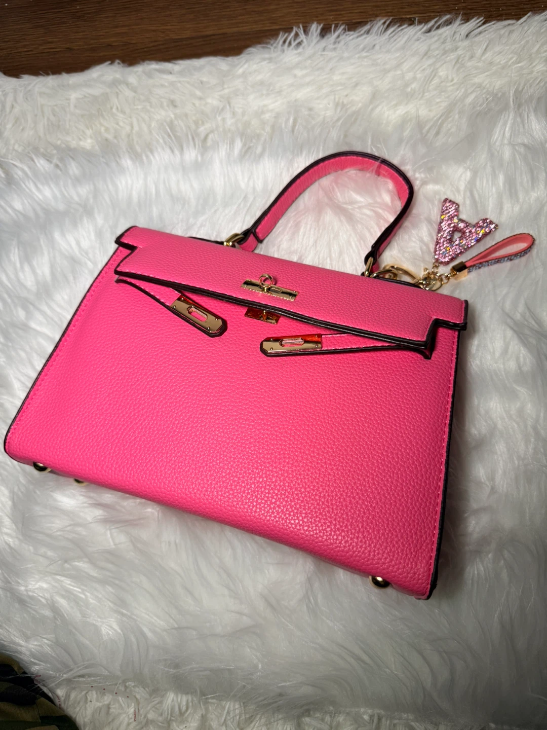 Pink Top-Handle Handbag with Rhinestone 'A' Charm - photo 3