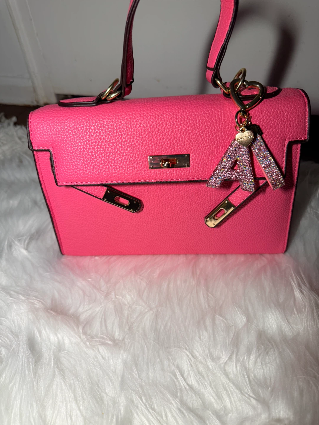 Pink Top-Handle Handbag with Rhinestone 'A' Charm