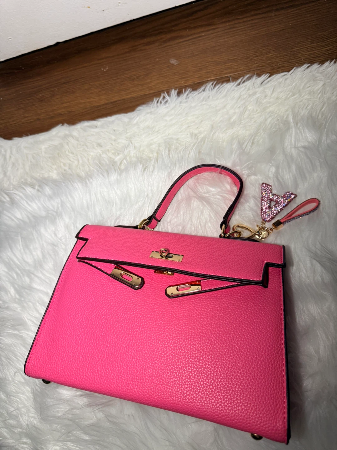 Pink Top-Handle Handbag with Rhinestone 'A' Charm - photo 4