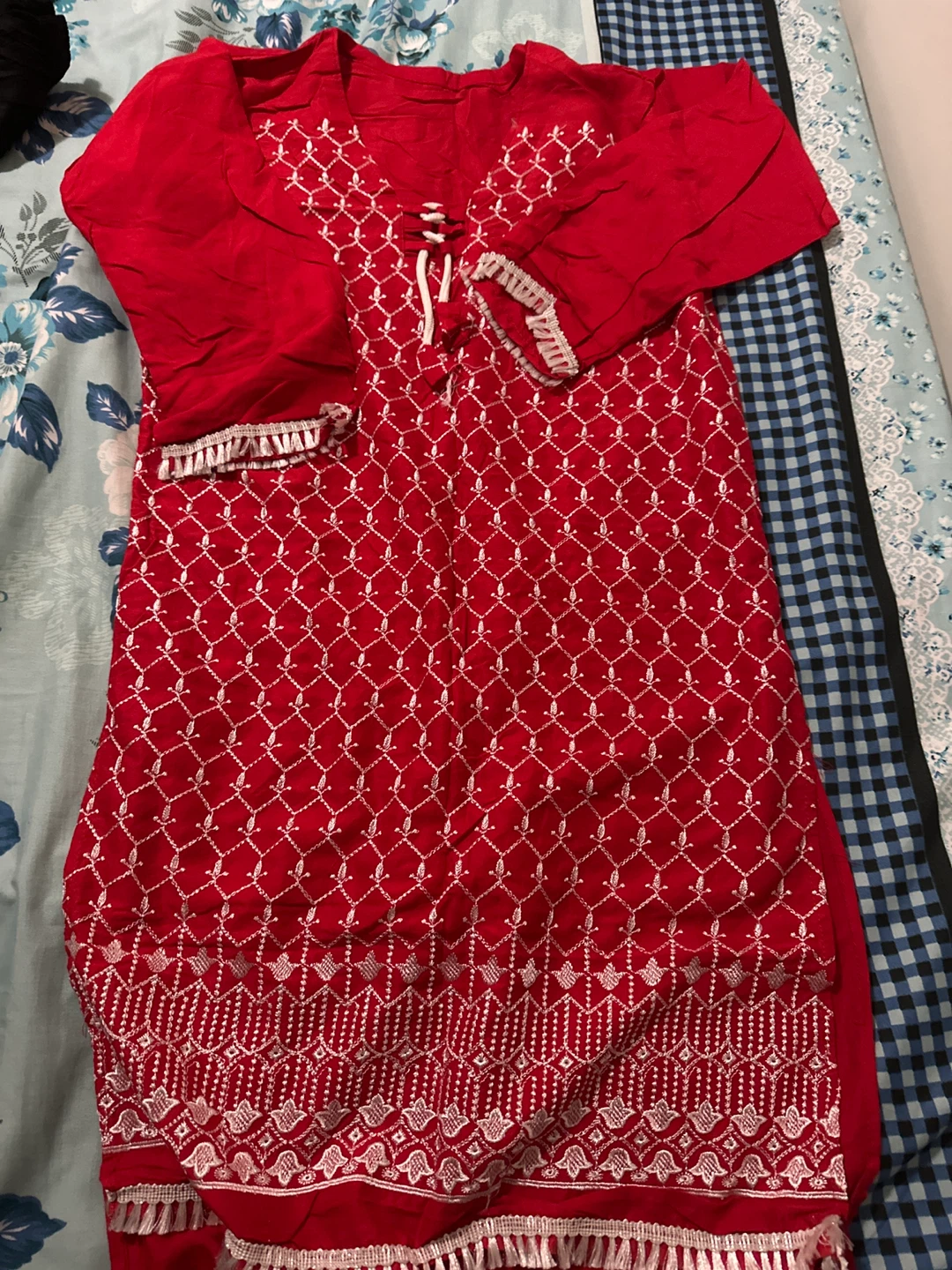 Red Embroidered Kurti with White Tassel Trim