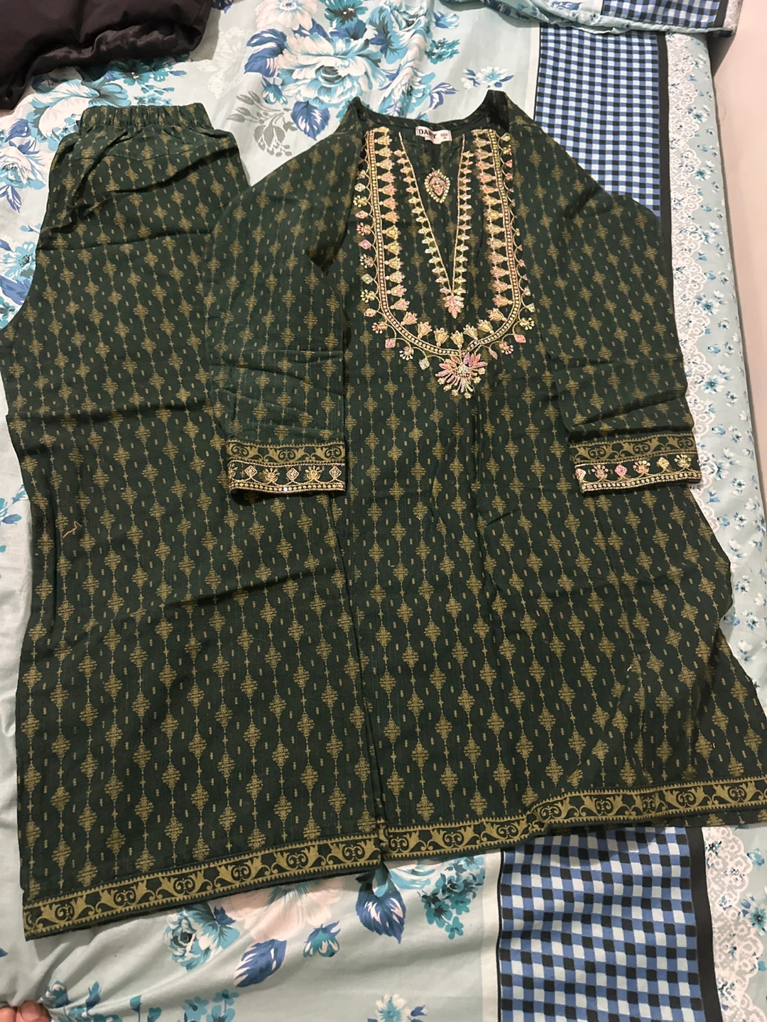 Dark Green Embroidered Kurti and Pants Set