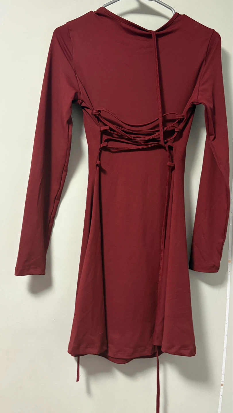 SHEIN BAE Long Sleeve Lace-Up Mini Dress - Burgundy - photo 2