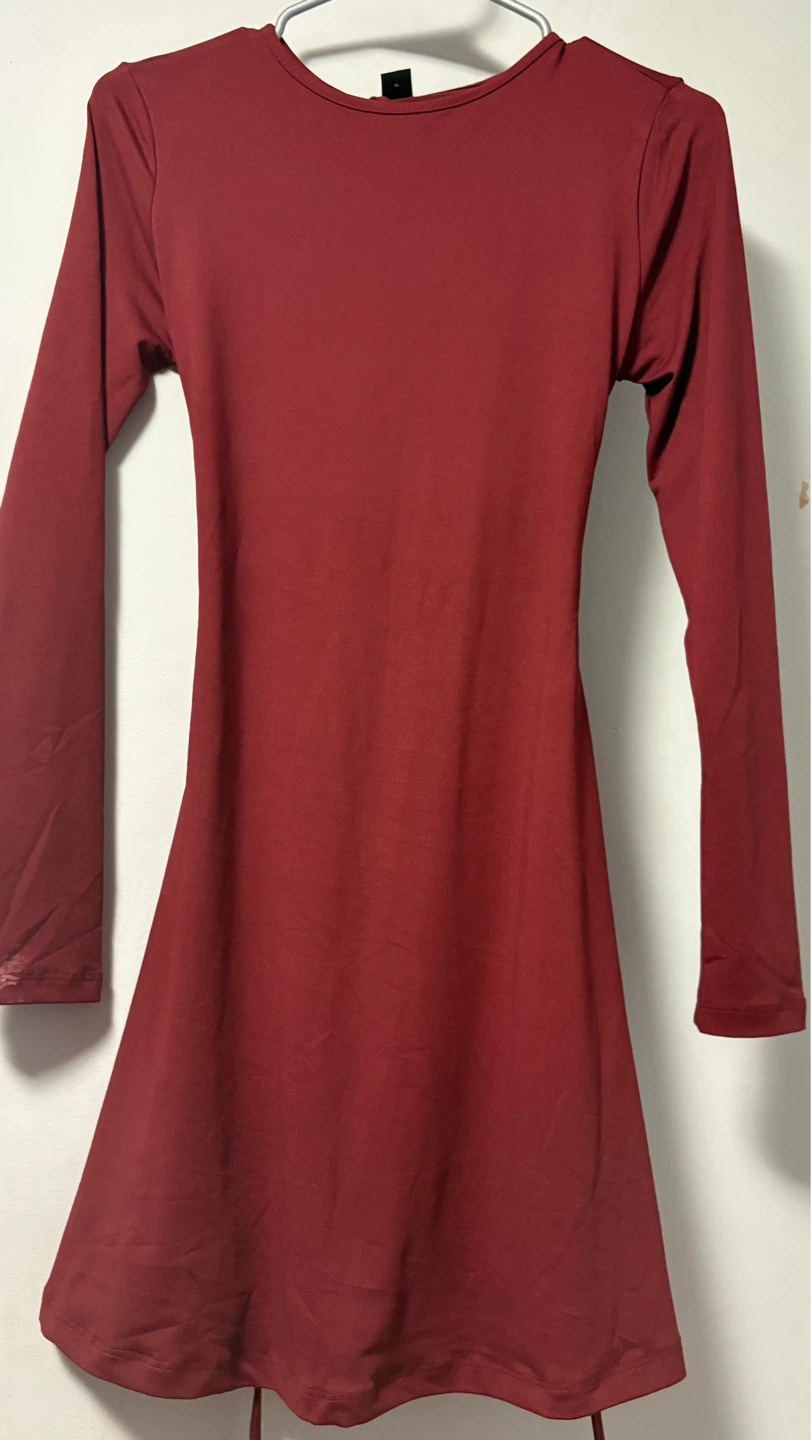 SHEIN BAE Long Sleeve Lace-Up Mini Dress - Burgundy - photo 3