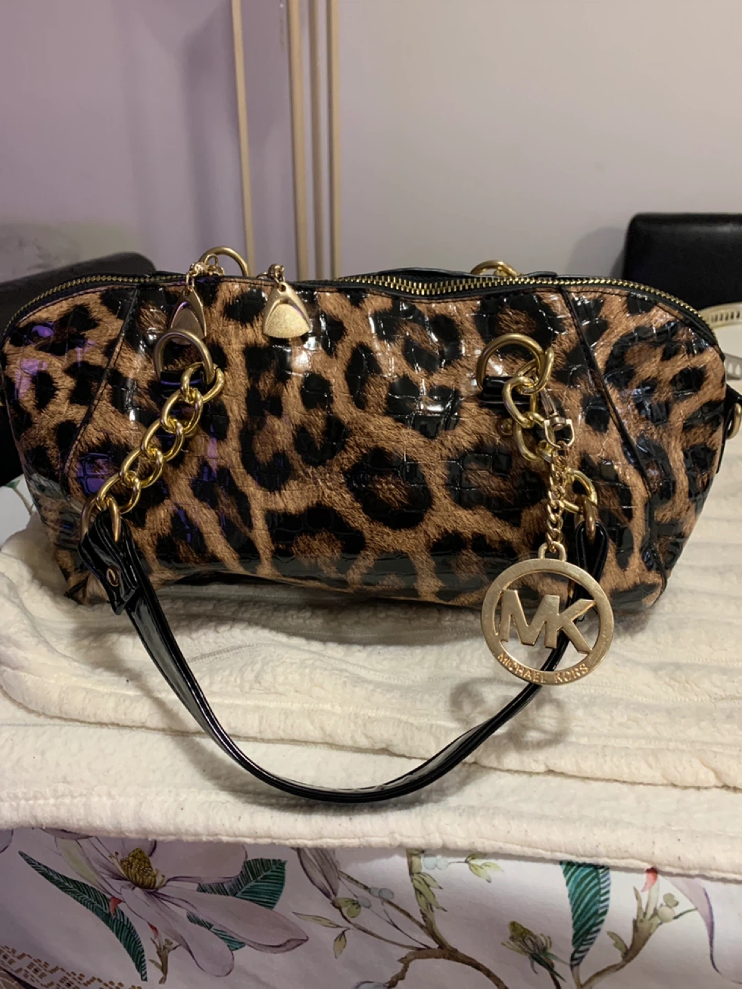 Michael Kors Leopard Print Patent Leather Satchel Handbag