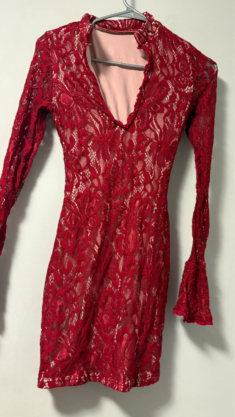 Red Lace Mini Dress with Bell Sleeves - photo 2