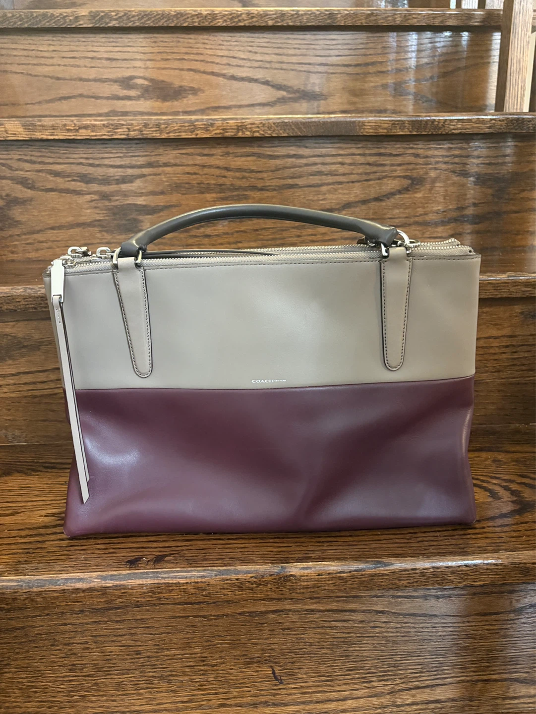 Coach Burgundy and Grey Borough Triple Compartment Satchel