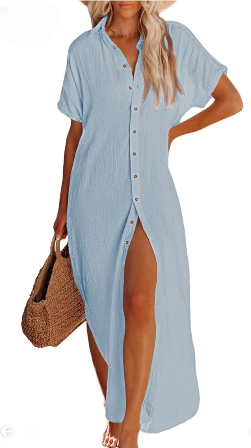 Women's Short Sleeve Button Down Side Slit Maxi Cover Up