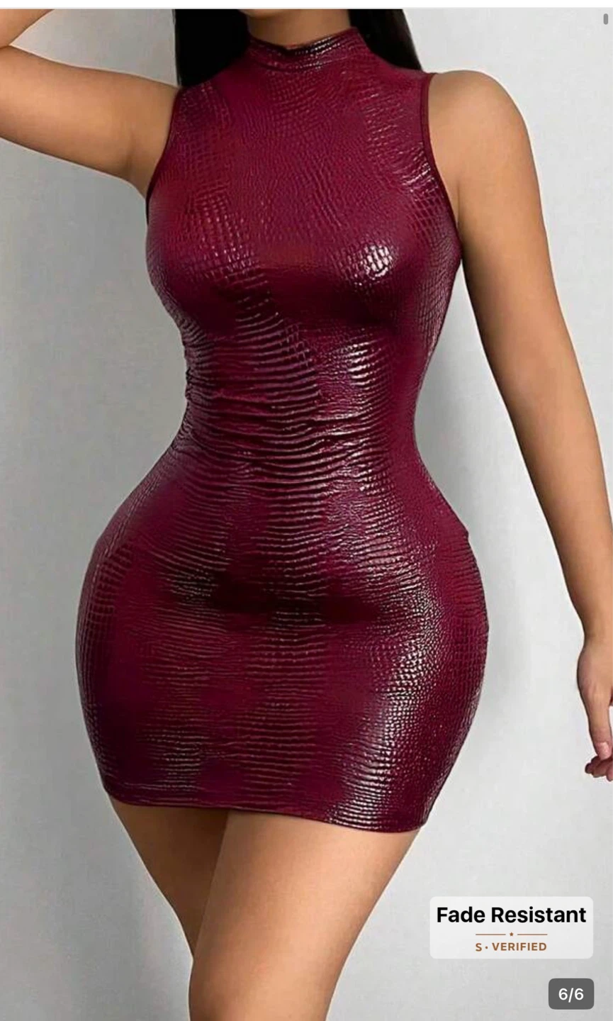 Burgundy Mock Neck Crocodile Print Mini Dress