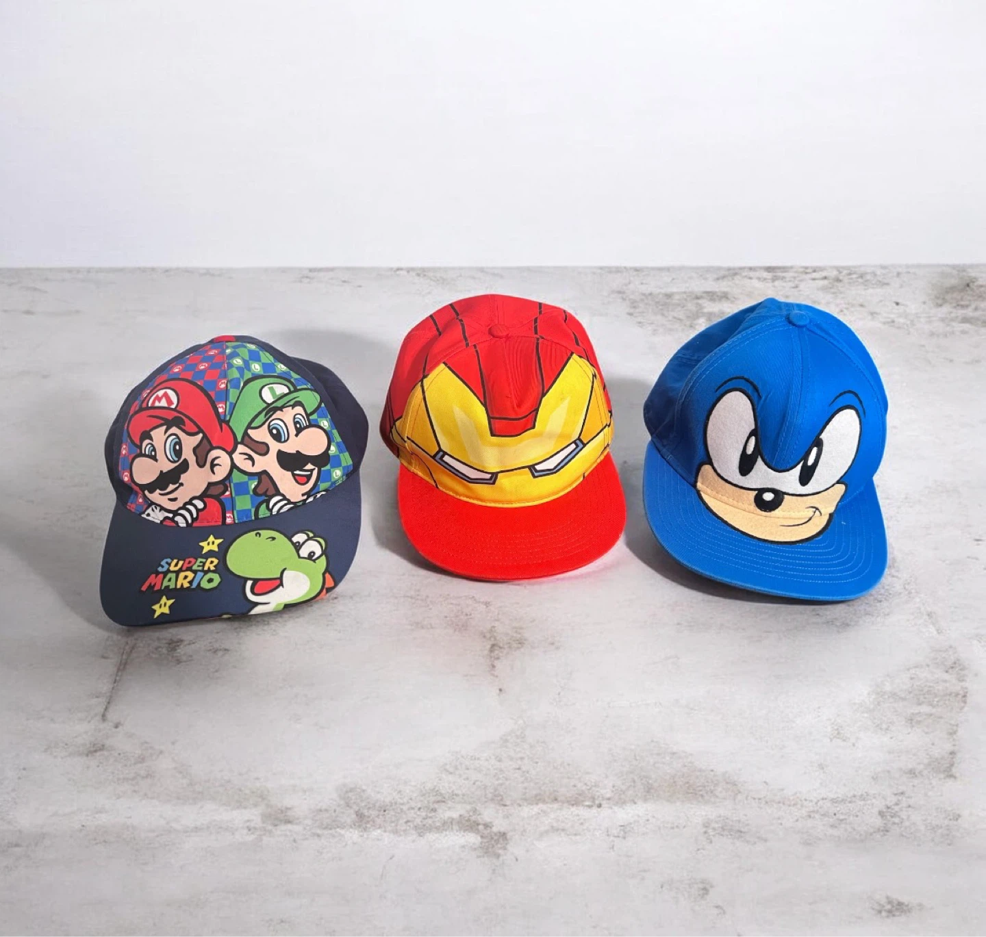 Kids Character Hats Bundle – Super Mario, Iron Man & Sonic