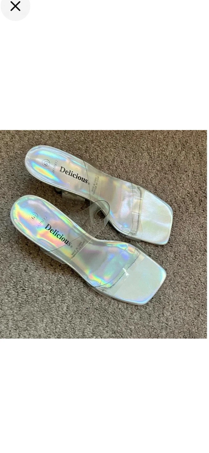 Delicious Jammy2 Clear Strap Holographic Mule Heels Size 6.5