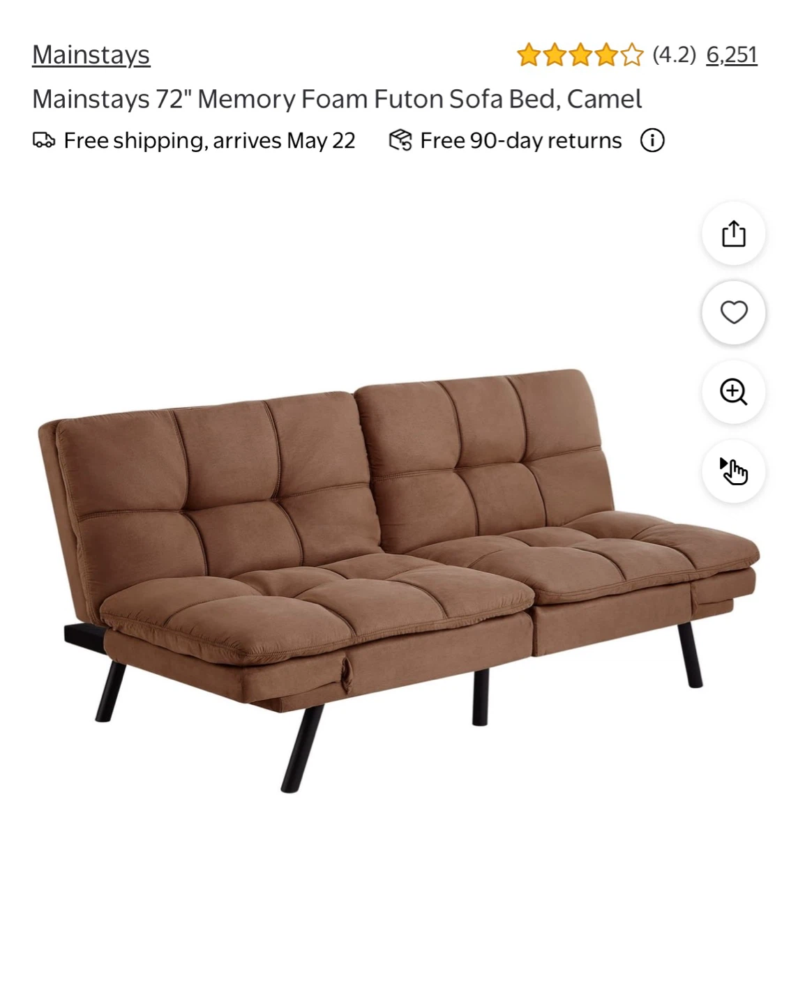 Mainstays 72" Memory Foam Futon Sofa Bed, Camel
