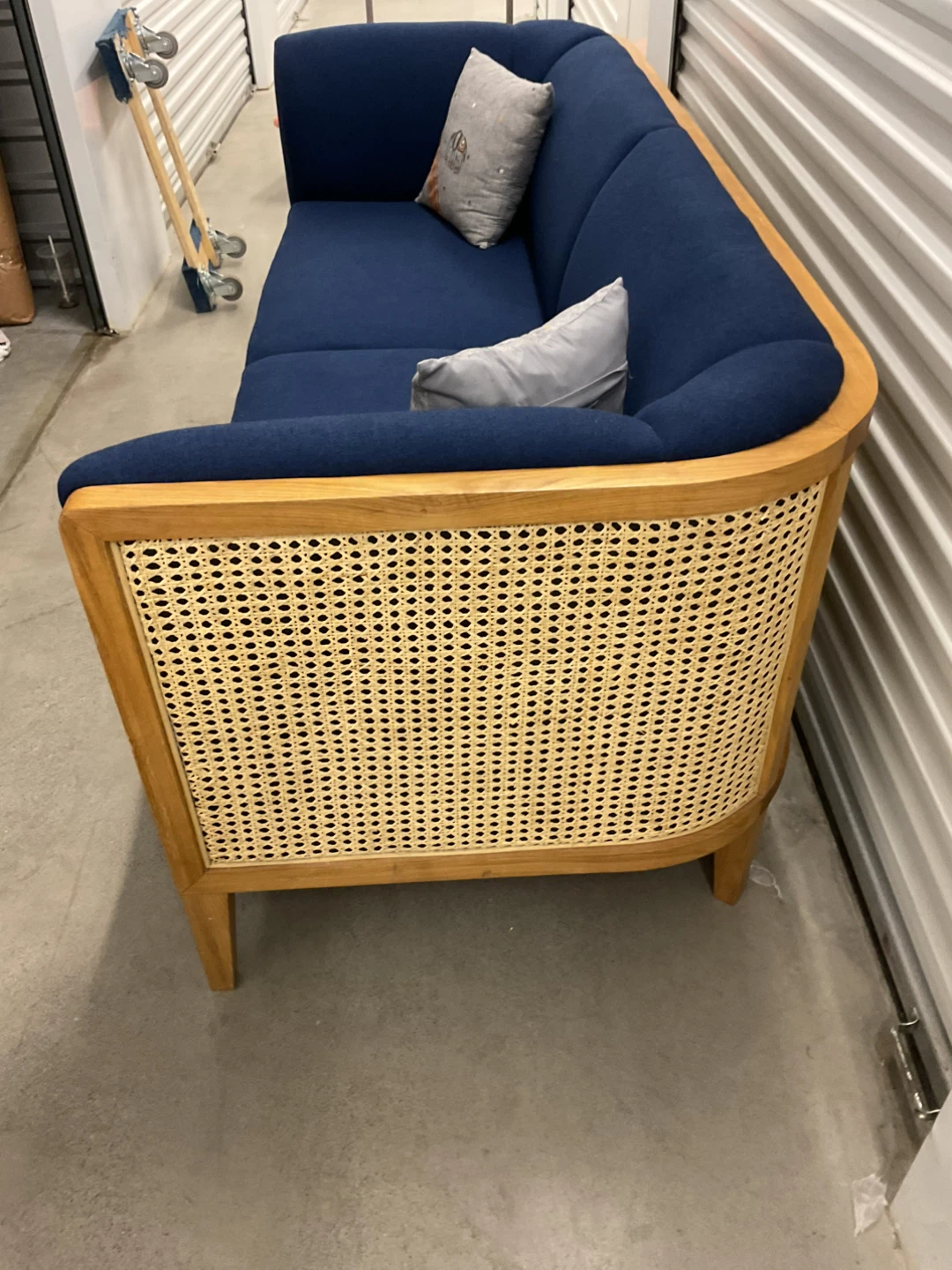 Blue Upholstered Sofa with Cane Back and Wood Frame - photo 4