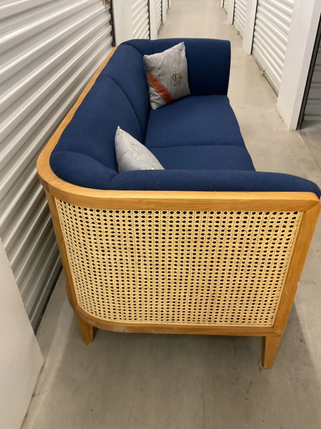 Blue Upholstered Sofa with Cane Back and Wood Frame - photo 5