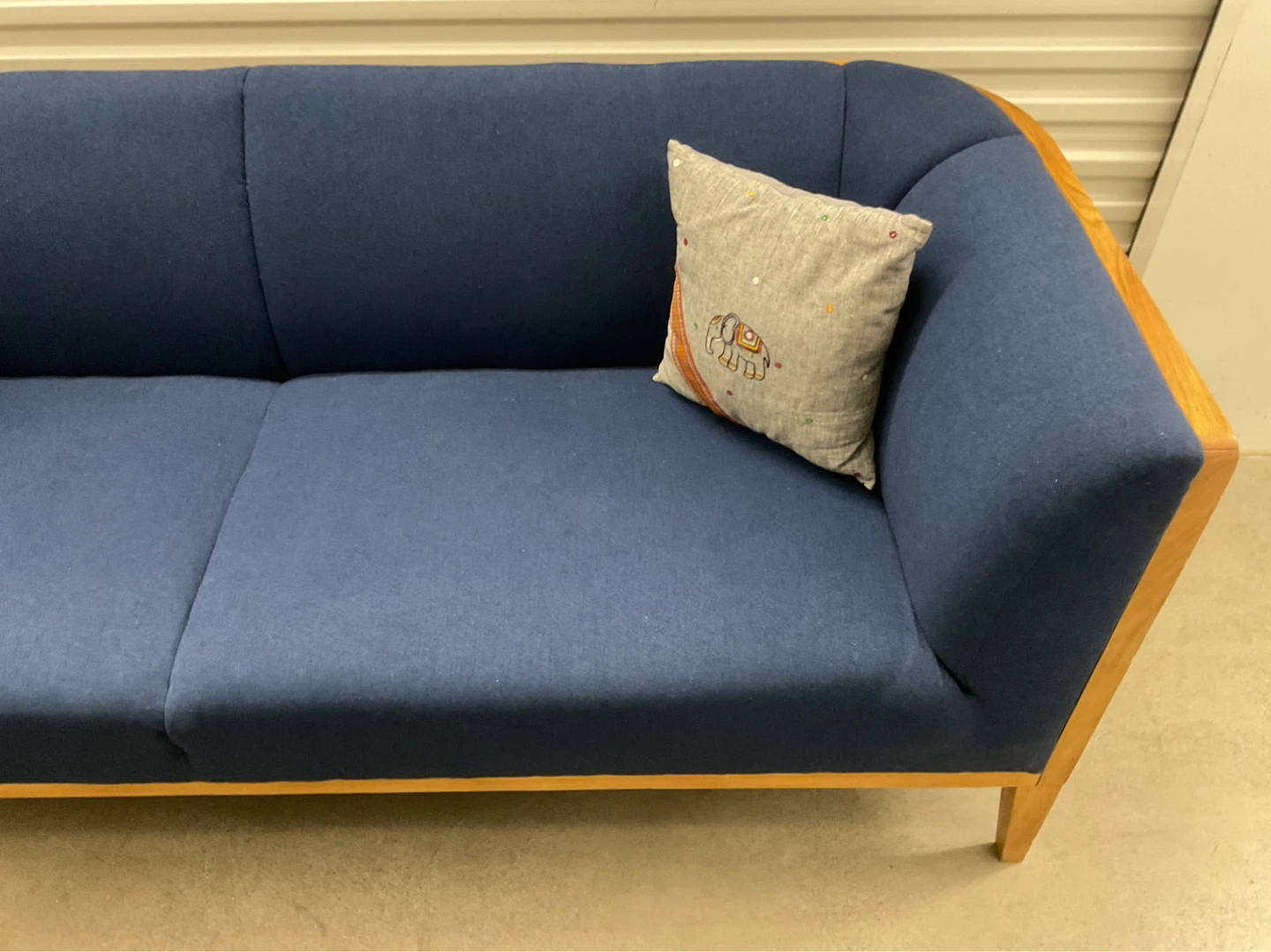 Blue Upholstered Sofa with Cane Back and Wood Frame - photo 3