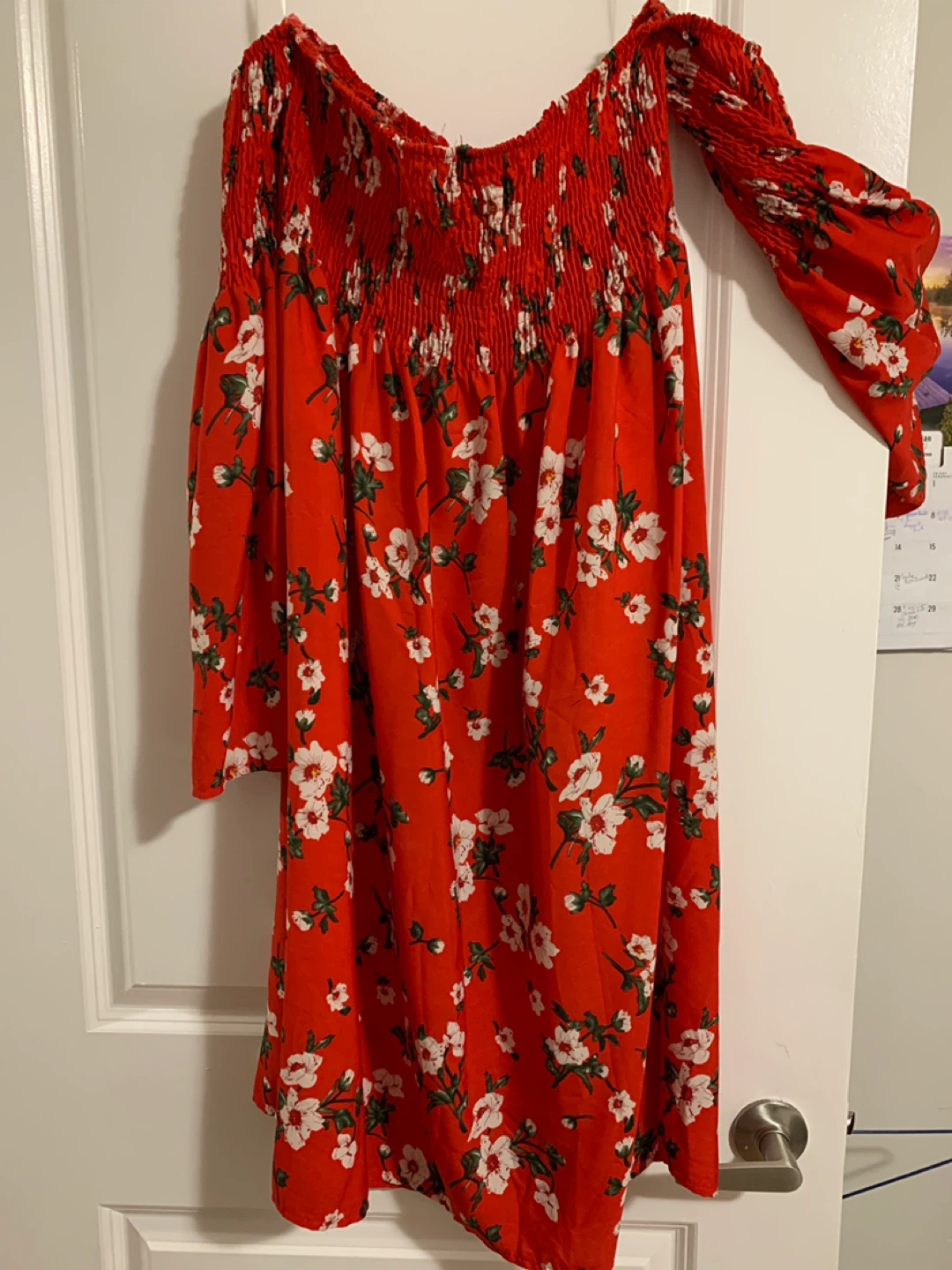 Red Floral Smocked Off-the-Shoulder Dress