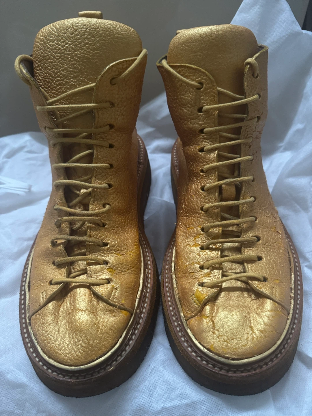 Gold Leather Lace-Up Boots