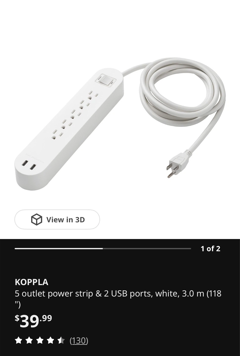 IKEA Koppla 5 Outlet Power Strip with 2 USB Ports, White