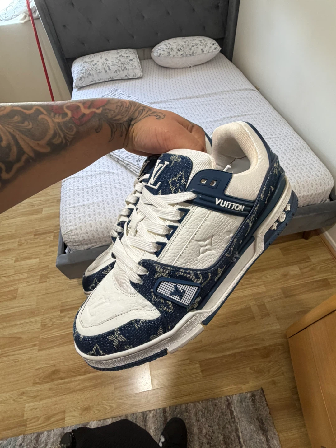 Louis Vuitton White Blue Denim Monogram Sneakers