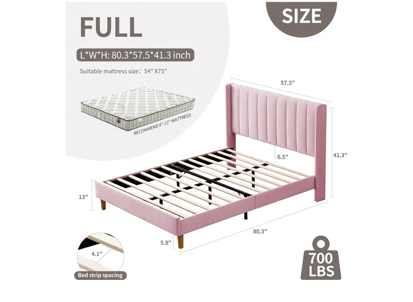 Pink Velvet Upholstered Full Bed Frame with Headboard - photo 2