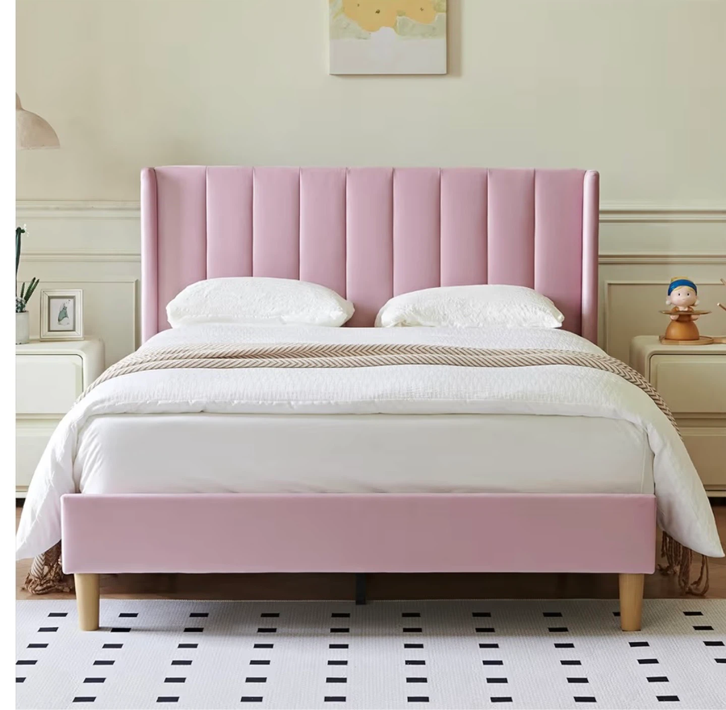 Pink Velvet Upholstered Full Bed Frame with Headboard - photo 3