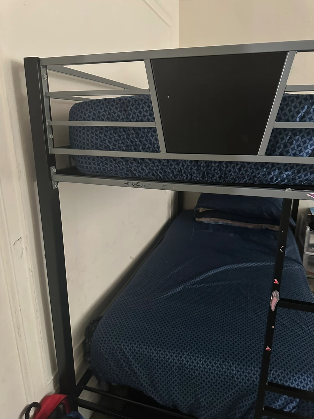 Black Metal Twin Bunk Bed with Blue Bedding - photo 2