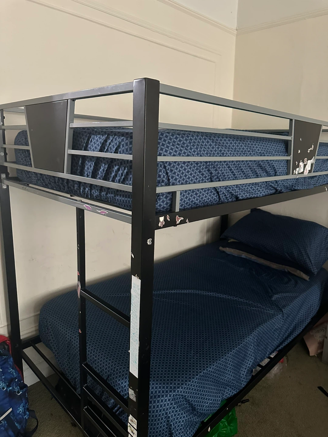 Black Metal Twin Bunk Bed with Blue Bedding - photo 3