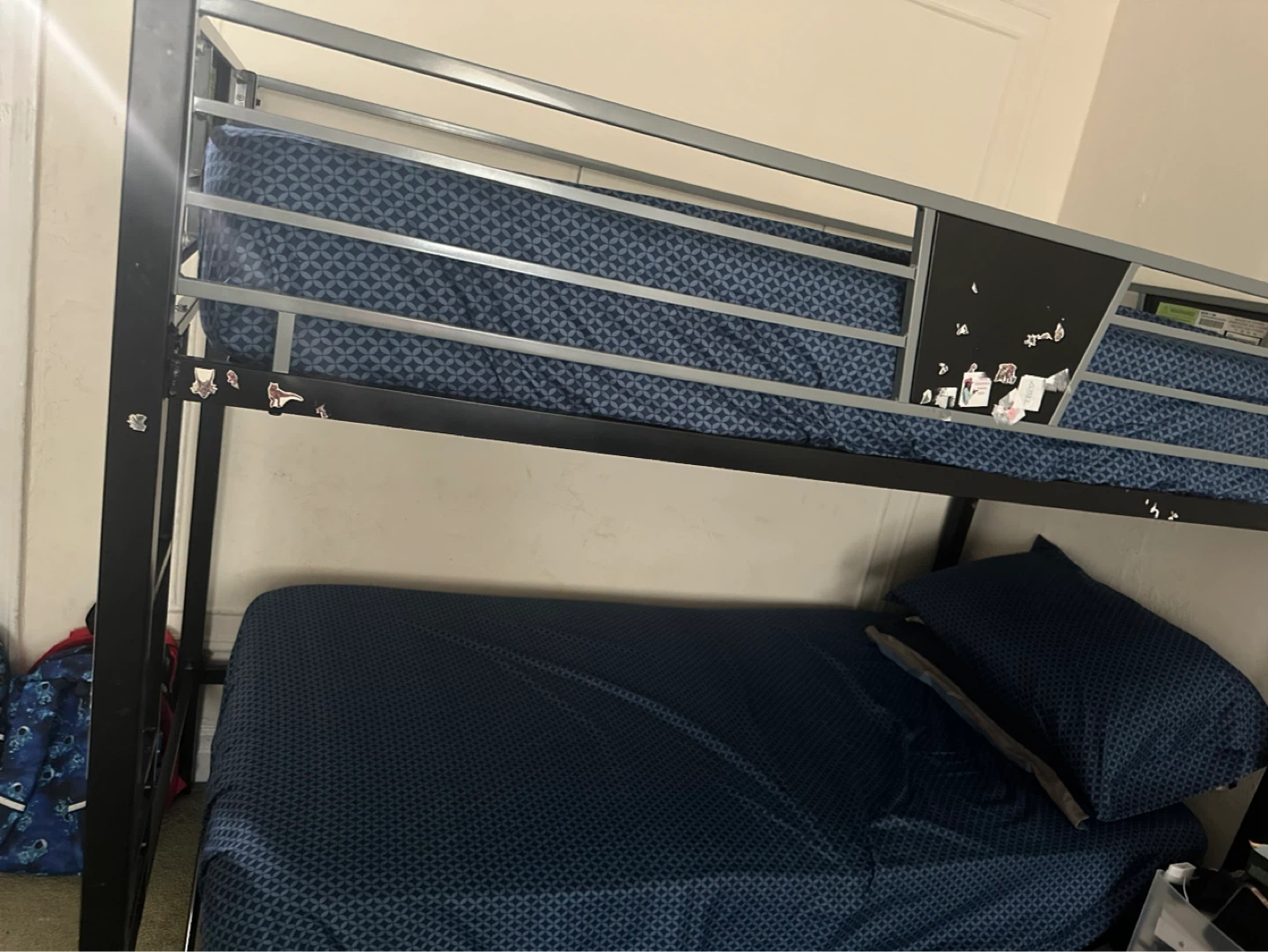Black Metal Twin Bunk Bed with Blue Bedding - photo 4