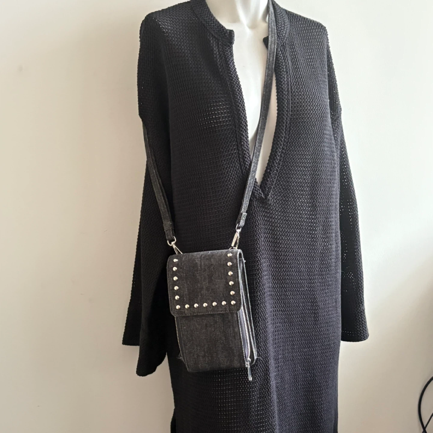 Denim Crossbody Phone Bag with Studs