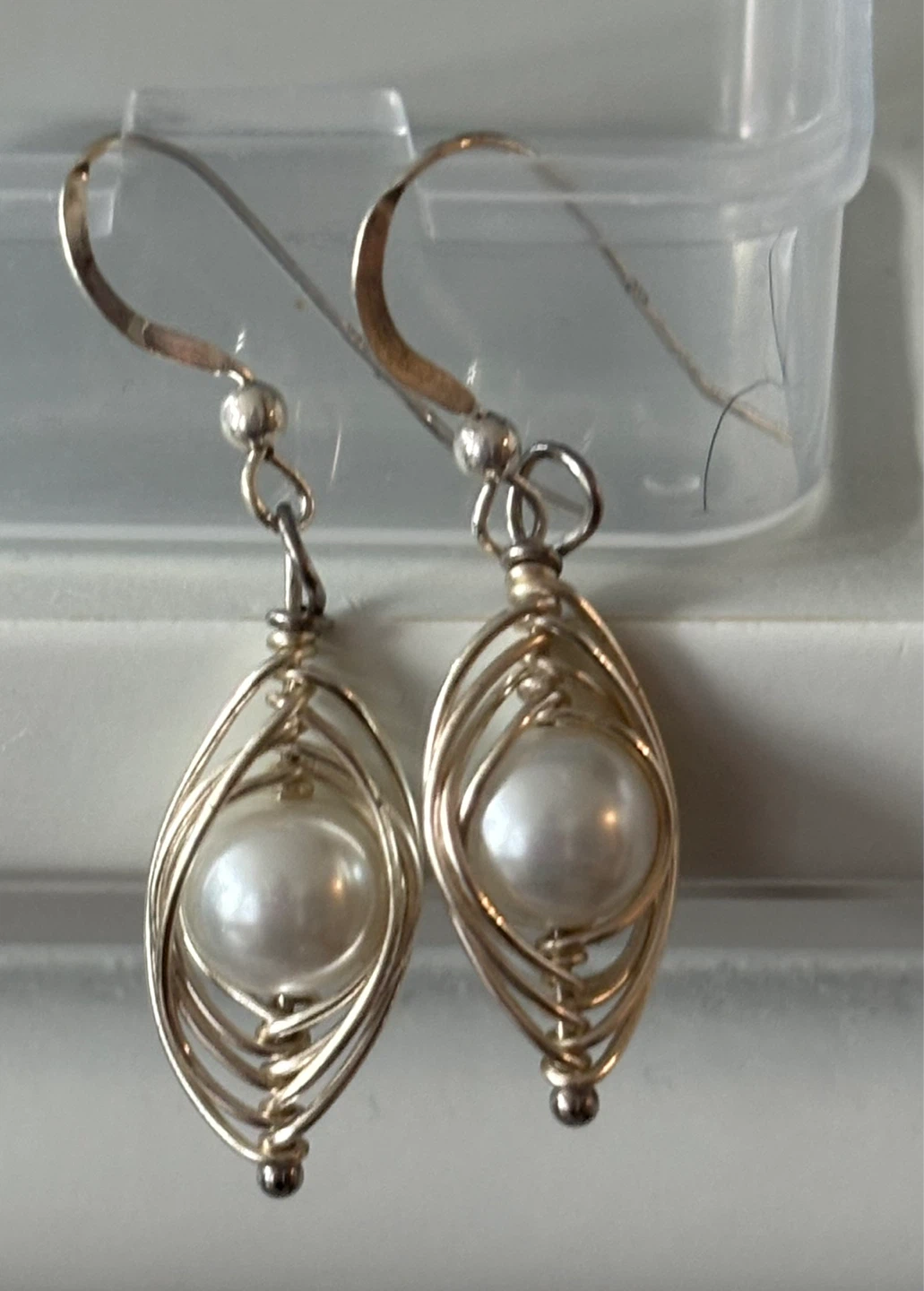 Wire-wrapped faux pearl dangle earrings