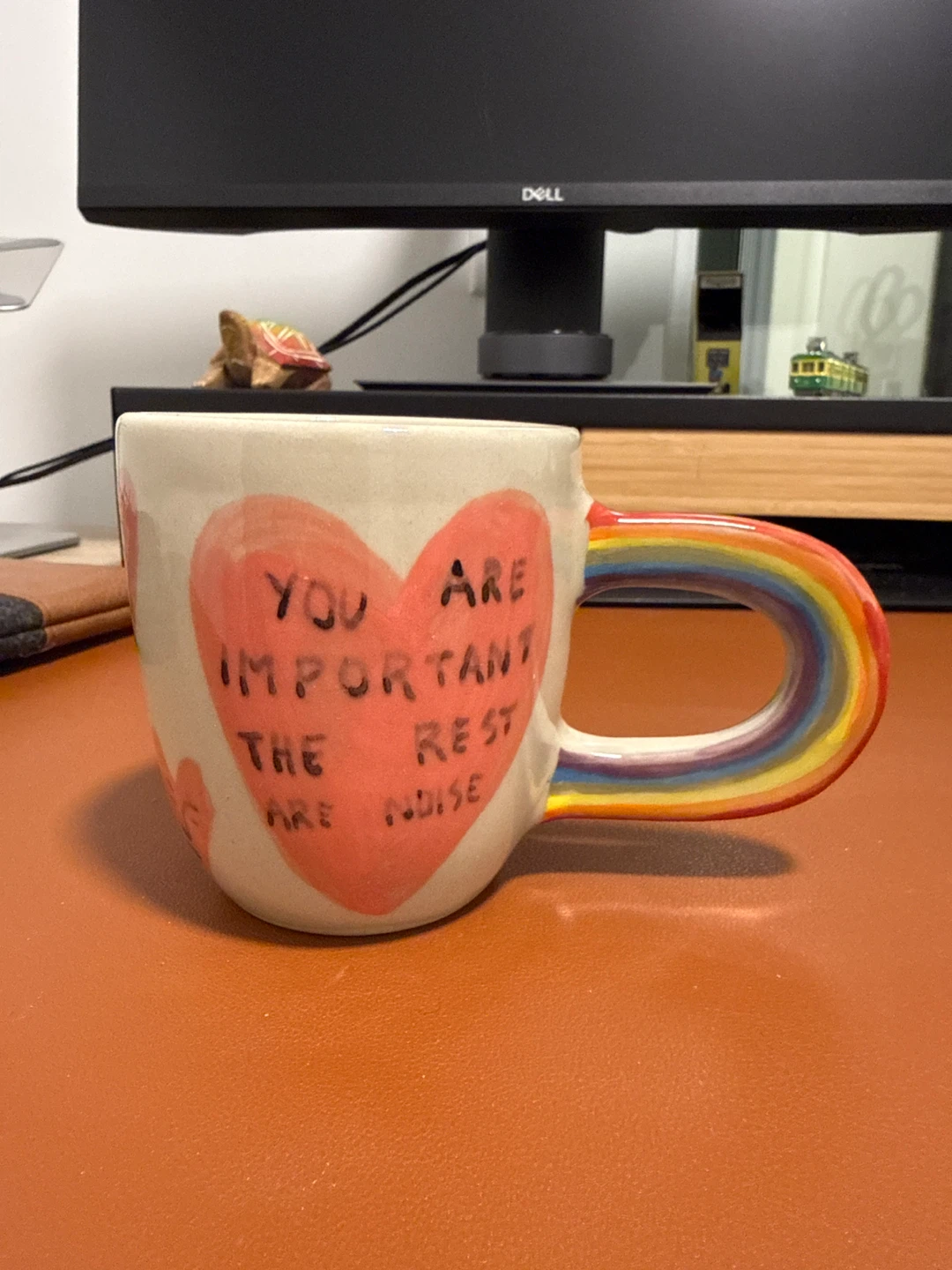 Handmade Ceramic Mug with Rainbow Handle and Heart Faces