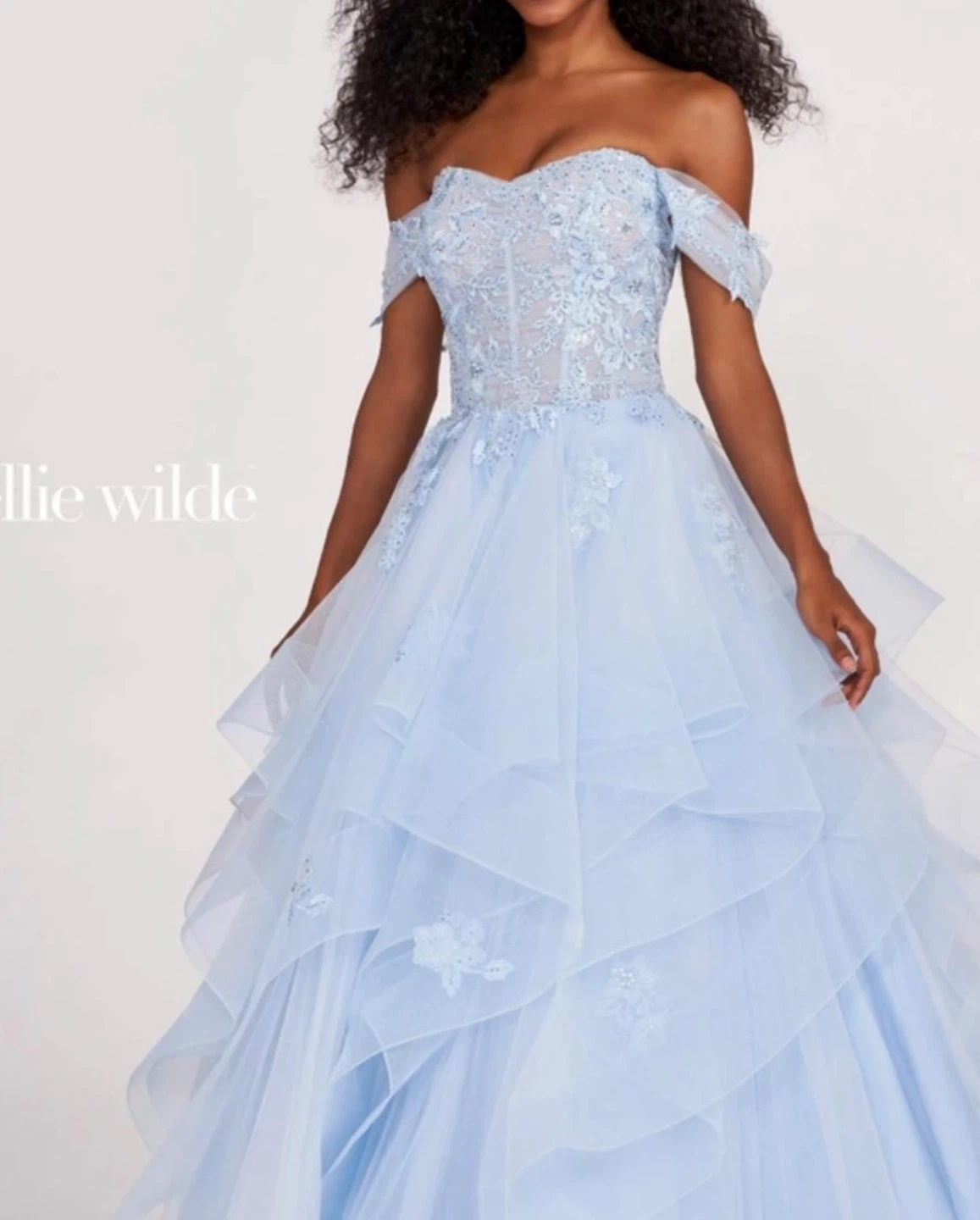 Ellie Wilde Light Blue Off-the-Shoulder Ruffled Gown