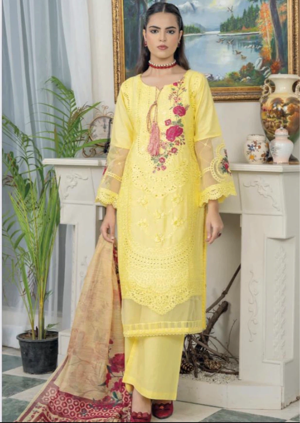 Yellow Embroidered Lawn Suit with Dupatta - photo 2